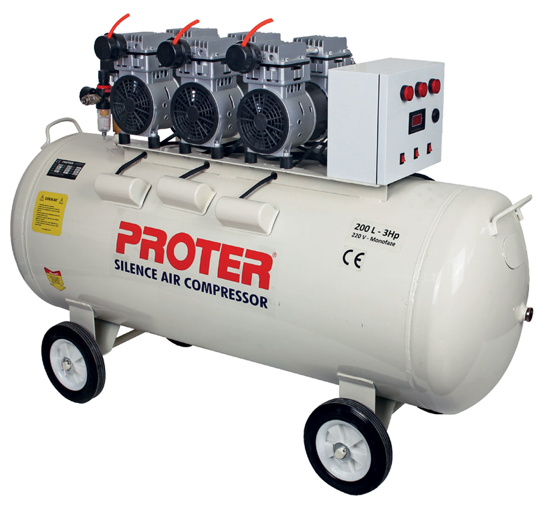 PROTER PR 203 S Sessiz-Yağsız  200 LT 3HP Monofaze 8 Bar Hava Kompresörü